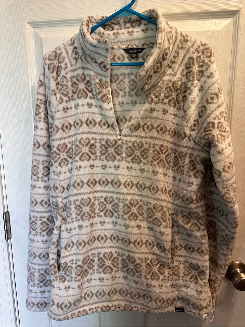 Eddie Bauer Cream and Taupe Patterned Fleece Pullover